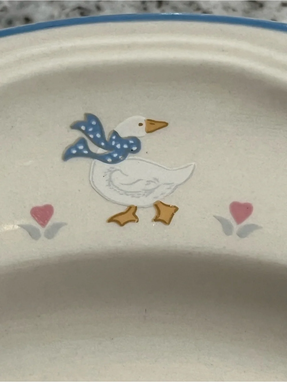 Set of 2 Brick Oven Stoneware Aunt Rhody Goose Dinner Plates Blue Trim 10.5”